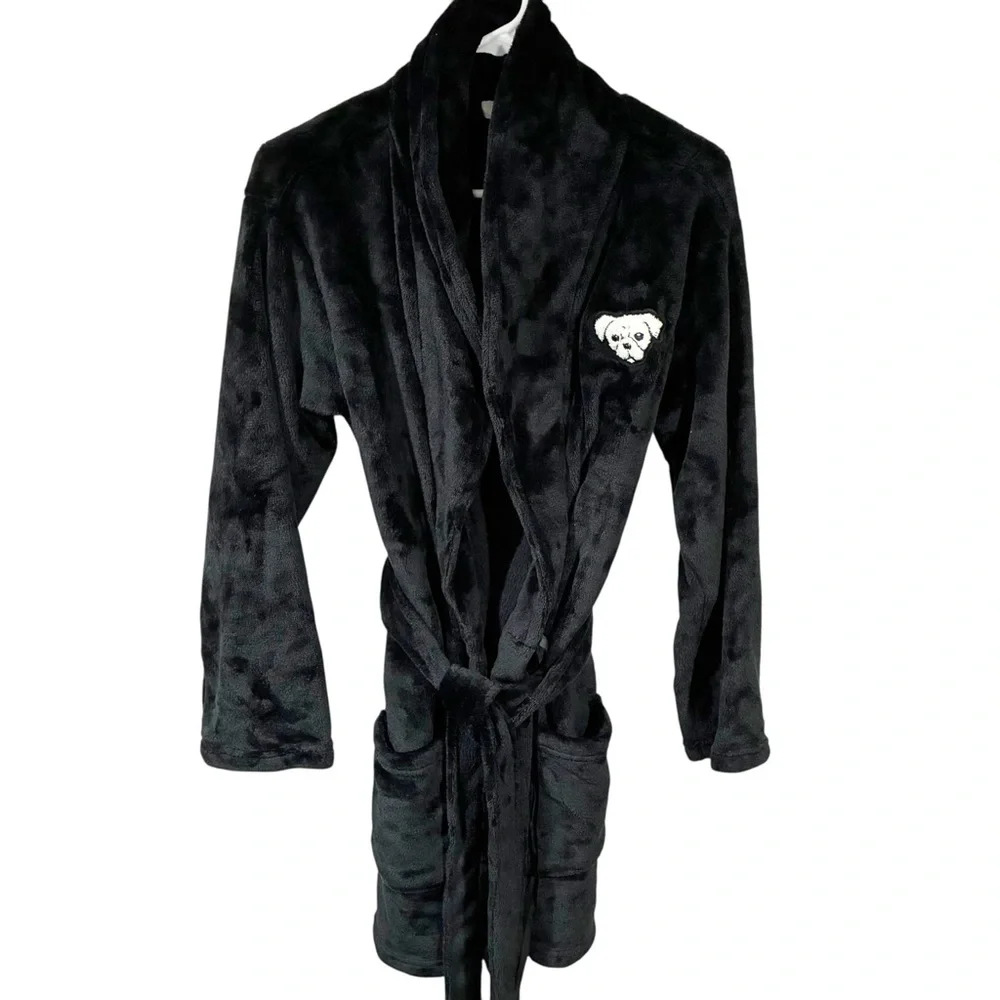 Victoria's Secret PINK Cozy Robe Size XS Black & White Logo Sleep Fluffy‎ PJ